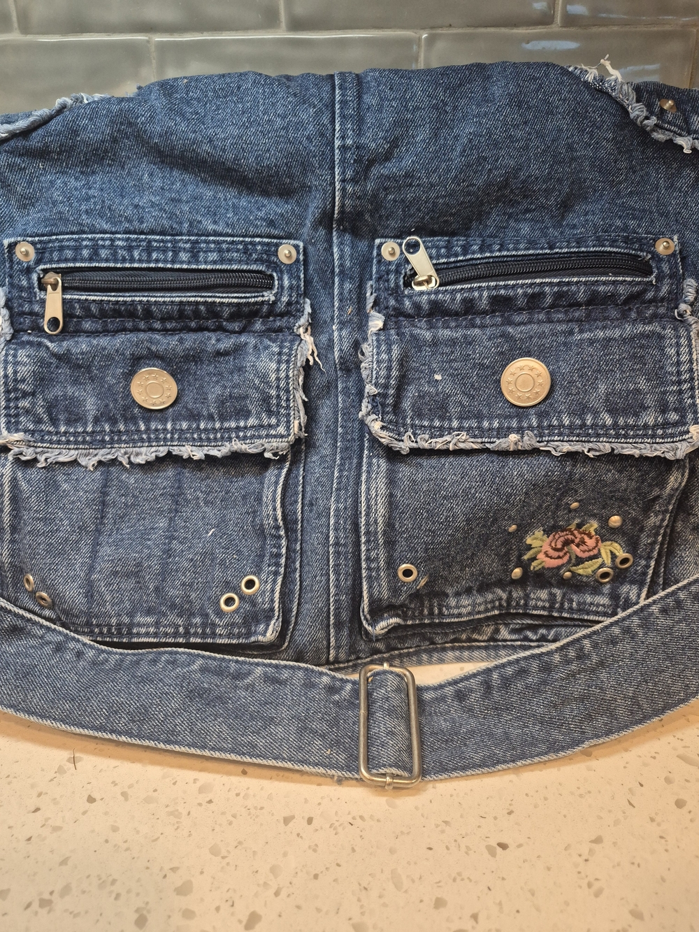 Denim Waist Bag with Flap Pockets and Rose Embroidery - Blue